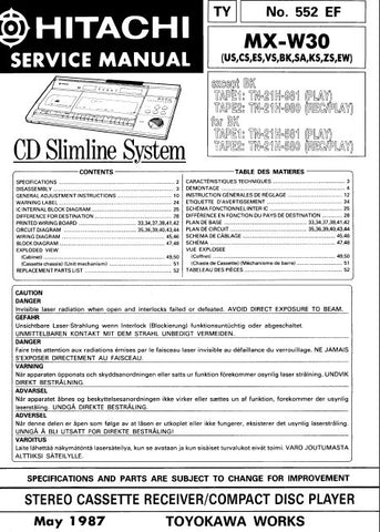 HITACHI MX-W30 STEREO CASSETTE RECEIVER CD PLAYER SERVICE MANUAL INC BLK DIAG PCBS WIRING DIAG SCHEM DIAGS AND PARTS LIST 58 PAGES ENG FRANC