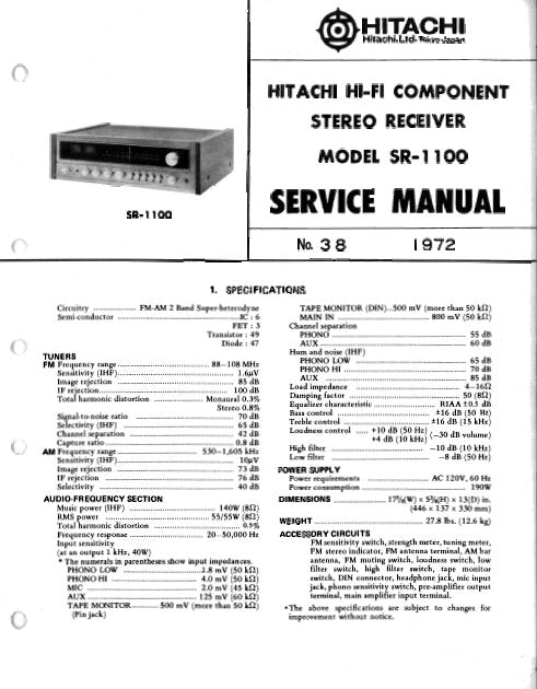 HITACHI SR-1100 STEREO RECEIVER SERVICE MANUAL INC PCBS SCHEM DIAG AND PARTS LIST 24 PAGES ENG