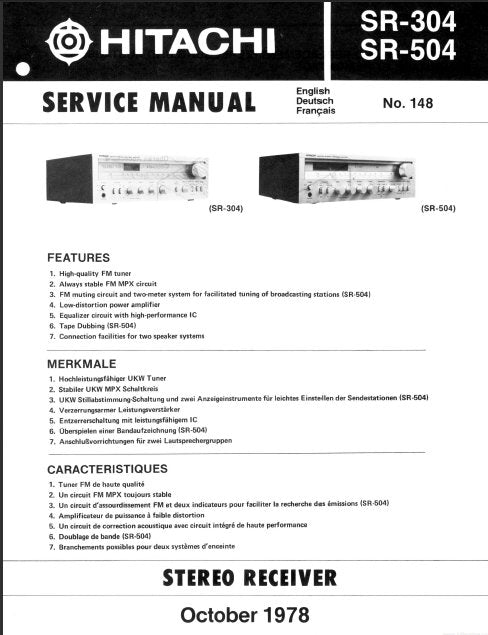 HITACHI SR-304 SR-504 STEREO RECEIVER SERVICE MANUAL INC BLK DIAG PCBS SCHEM DIAGS AND PARTS LIST 24 PAGES ENG DEUT FRANC