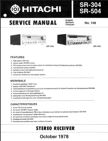 HITACHI SR-304 SR-504 STEREO RECEIVER SERVICE MANUAL INC BLK DIAG PCBS SCHEM DIAGS AND PARTS LIST 24 PAGES ENG DEUT FRANC