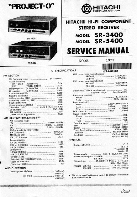 HITACHI SR-3400 SR-5400 STEREO RECEIVER SERVICE MANUAL INC PCBS SCHEM DIAG AND PARTS LIST 22 PAGES ENG