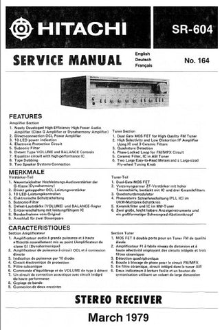 HITACHI SR-604 STEREO RECEIVER SERVICE MANUAL INC BLK DIAG PCBS SCHEM DIAG AND PARTS LIST 24 PAGES ENG