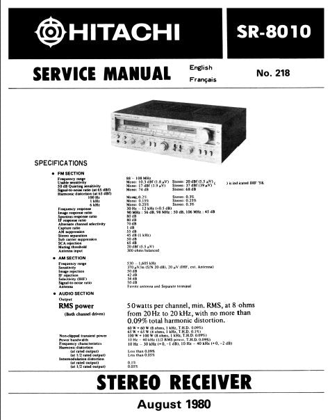 HITACHI SR-8010 STEREO RECEIVER SERVICE MANUAL INC PCBS SCHEM DIAG AND PARTS LIST 21 PAGES ENG