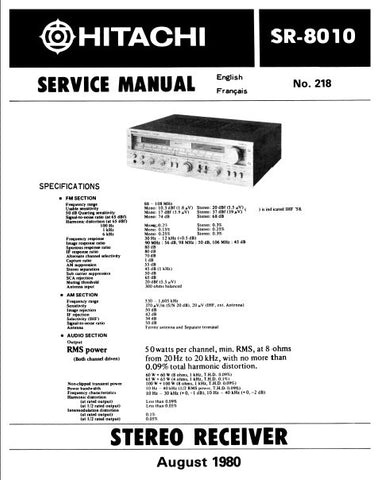 HITACHI SR-8010 STEREO RECEIVER SERVICE MANUAL INC PCBS SCHEM DIAG AND PARTS LIST 21 PAGES ENG