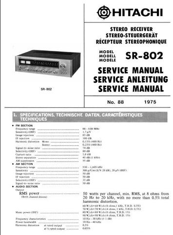 HITACHI SR-802 STEREO RECEIVER SERVICE MANUAL INC PCBS SCHEM DIAGS AND PARTS LIST 20 PAGES ENG