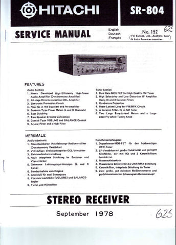 HITACHI SR-804 STEREO RECEIVER SERVICE MANUAL INC PCBS SCHEM DIAG AND PARTS LIST 28 PAGES ENG