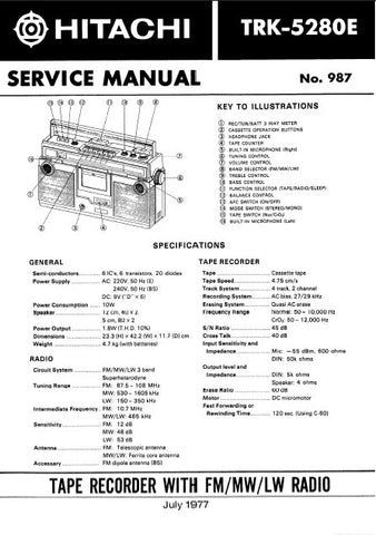 HITACHI TRK-5280E TAPE RECORDER WITH FM MW LW RADIO SERVICE MANUAL INC BLK DIAG PCBS SCHEM DIAGS AND PARTS LIST 23 PAGES ENG