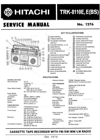 HITACHI TRK-8110E TRK-8110E(BS) CASSETTE TAPE RECORDER WITH FM SW MW LW RADIO SERVICE MANUAL INC BLK DIAG PCBS SCHEM DIAGS AND PARTS LIST 21 PAGES ENG