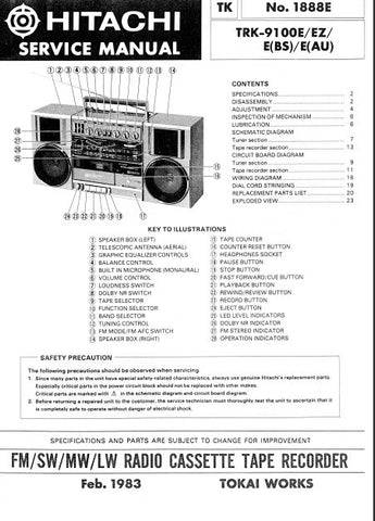 HITACHI TRK-9100E TRK-9100EZ TRK-9100E(BS) TRK-9100E(AU) FM SW MW LW RADIO CASSETTE TAPE RECORDER SERVICE MANUAL INC PCBS SCHEM DIAGS AND PARTS LIST 20 PAGES ENG