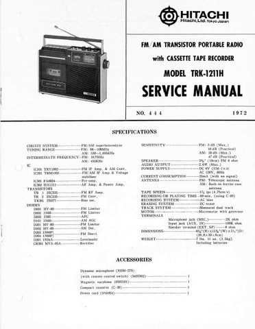 HITACHI TRK-1211H FM AM TRANSISTOR PORTABLE RADIO WITH CASSETTE TAPE RECORDER SERVICE MANUAL INC BLK DIAG PCBS SCHEM DIAG AND PARTS LIST 6 PAGES ENG