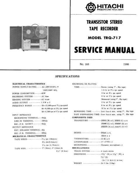 HITACHI TRQ-717 TRANSISTOR STEREO TAPE RECORDER SERVICE MANUAL INC PCB AND SCHEM DIAG 8 PAGES ENG