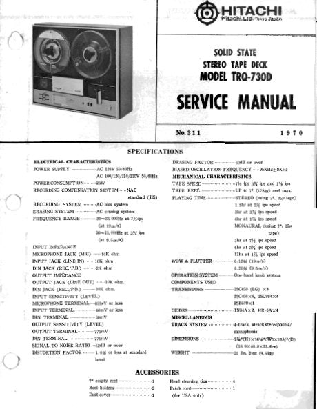 HITACHI TRQ-737 SOLID STATE STEREO TAPE RECORDER SERVICE MANUAL INC PCB SCHEM DIAG AND PARTS LIST 22 PAGES ENG