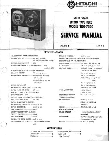 HITACHI TRQ-730D SOLID STATE STEREO TAPE DECK SERVICE MANUAL INC BLK DIAG PCBS SCHEM DIAG AND PARTS LIST 10 PAGES ENG