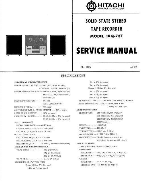 HITACHI TRQ-737 SOLID STATE STEREO TAPE RECORDER SERVICE MANUAL INC PCB SCHEM DIAG AND PARTS LIST 22 PAGES ENG