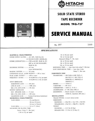 HITACHI TRQ-737 SOLID STATE STEREO TAPE RECORDER SERVICE MANUAL INC PCB SCHEM DIAG AND PARTS LIST 22 PAGES ENG