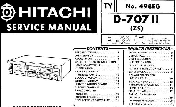 HITACHI D-707II STEREO CASSETTE TAPE DECK SERVICE MANUAL INC BLK DIAG WIRING DIAG CIRC DIAGS AND PARTS LIST 24 PAGES ENG DEUT