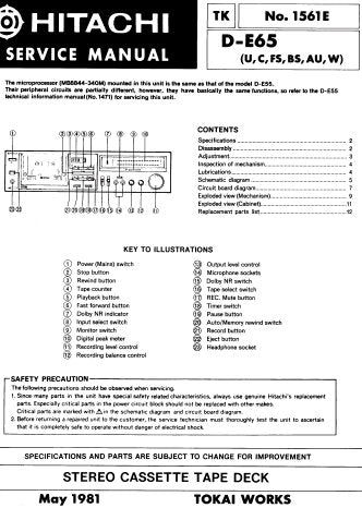 HITACHI D-E65 STEREO CASSETTE TAPE DECK SERVICE MANUAL INC SCHEM DIAG PCB AND PARTS LIST 16 PAGES ENG