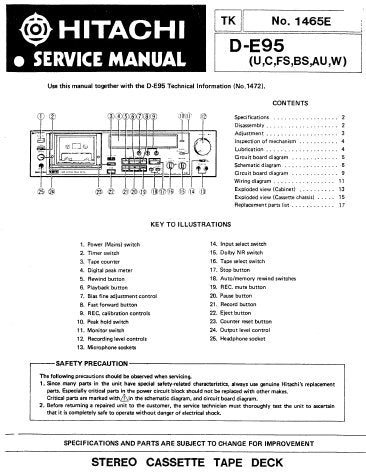 HITACHI D-E95 STEREO CASSETTE TAPE DECK SERVICE MANUAL INC PCBS SCHEM DIAG AND PARTS LIST 26 PAGES ENG DEUT