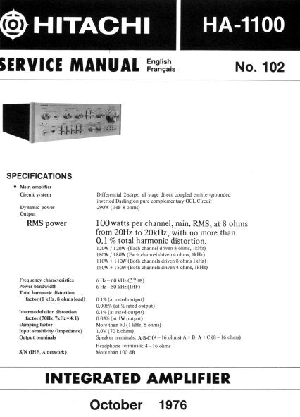 HITACHI HA-1100 STEREO INTEGRATED AMPLIFIER SERVICE MANUAL INC BLK DIAG PCBS SCHEM DIAG AND PARTS LIST 20 PAGES ENG DEUT FRANC