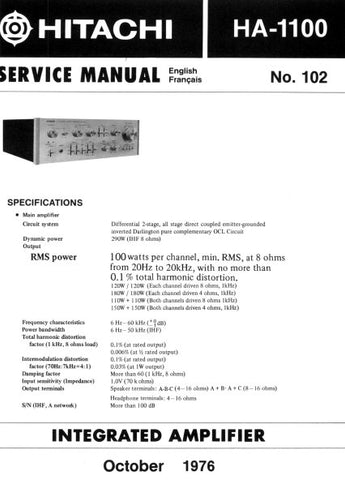 HITACHI HA-1100 STEREO INTEGRATED AMPLIFIER SERVICE MANUAL INC BLK DIAG PCBS SCHEM DIAG AND PARTS LIST 20 PAGES ENG DEUT FRANC