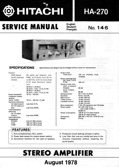 HITACHI HA-270 STEREO INTEGRATED AMPLIFIER SERVICE MANUAL INC BLK DIAG PCBS SCHEM DIAG AND PARTS LIST 12 PAGES ENG DEUT FRANC