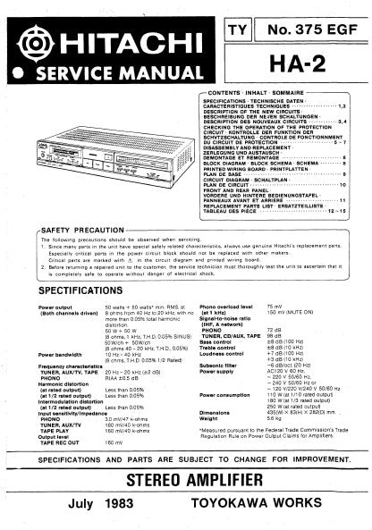 HITACHI HA-2 STEREO INTEGRATED AMPLIFIER SERVICE MANUAL INC BLK DIAG PCBS SCHEM DIAG AND PARTS LIST 11 PAGES ENG DEUT FRANC