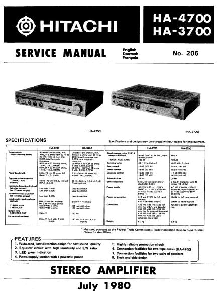 HITACHI HA-3700 HA-4700 STEREO INTEGRATED AMPLIFIER SERVICE MANUAL INC BLK DIAG PCBS SCHEM DIAGS AND PARTS LIST 27 PAGES ENG DEUT FRANC