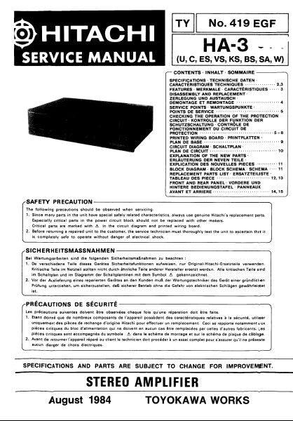 HITACHI HA-3 STEREO INTEGRATED AMPLIFIER SERVICE MANUAL INC BLK DIAG PCBS SCHEM DIAG AND PARTS LIST 13 PAGES ENG DEUT FRANC