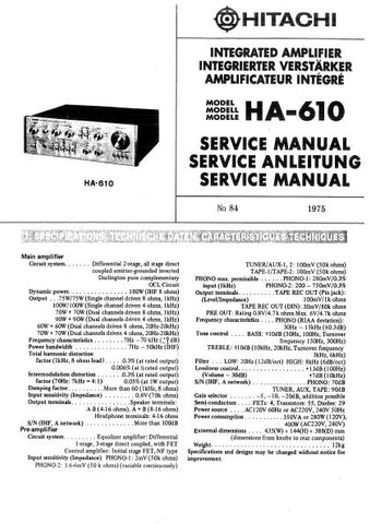 HITACHI HA-610 INTEGRATED AMPLIFIER SERVICE MANUAL INC BLK DIAG PCBS SCHEM DIAG AND PARTS LIST 14 PAGES ENG DEUT FRANC
