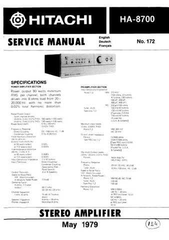 HITACHI HA-8700 STEREO INTEGRATED AMPLIFIER SERVICE MANUAL INC BLK DIAG PCBS SCHEM DIAG AND PARTS LIST 30 PAGES ENG DEUT FRANC