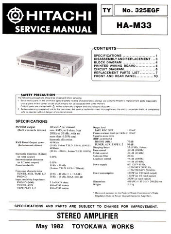 HITACHI HA-M33 STEREO INTEGRATED AMPLIFIER SERVICE MANUAL INC BLK DIAG PCBS SCHEM DIAG AND PARTS LIST 12 PAGES ENG