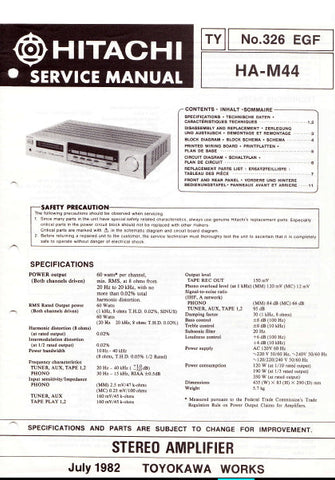 HITACHI HA-M44 STEREO INTEGRATED AMPLIFIER SERVICE MANUAL INC BLK DIAG PCBS SCHEM DIAG AND PARTS LIST 14 PAGES ENG