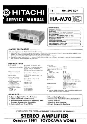 HITACHI HA-M70 STEREO INTEGRATED AMPLIFIER SERVICE MANUAL INC BLK DIAG PCBS SCHEM DIAG AND PARTS LIST 22 PAGES ENG