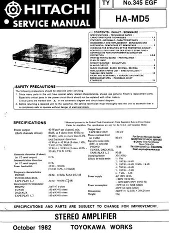 HITACHI HA-MD5 STEREO AMPLIFIER SERVICE MANUAL INC BLK DIAG PCBS SCHEM DIAG AND PARTS LIST 17 PAGES ENG DEUT FRANC