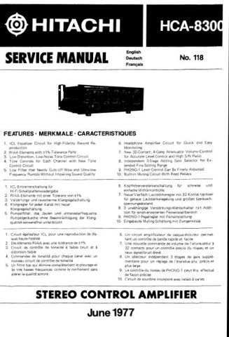 HITACHI HCA-8300 STEREO CONTROL AMPLIFIER SERVICE MANUAL INC BLK DIAG PCBS SCHEM DIAG AND PARTS LIST 16 PAGES ENG DEUT FRANC