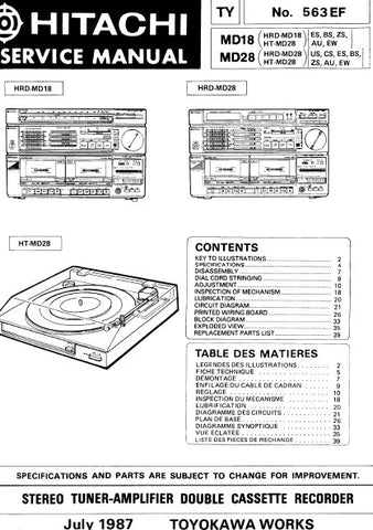 HITACHI HRD-MD18 HRD-MD28 STEREO TUNER AMPLIFIER DOUBLE CASSETTE RECORDER SERVICE MANUAL INC BLK DIAG PCBS SCHEM DIAGS AND PARTS LIST 61 PAGES ENG FRANC