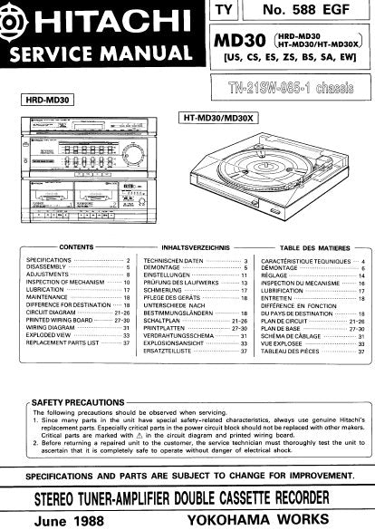HITACHI HRD-MD30 HT-MD30 HT-MD30X MD30 STEREO TUNER AMPLIFIER DOUBLE CASSETTE RECORDER SERVICE MANUAL INC PCBS SCHEM DIAGS AND PARTS LIST 44 PAGES ENG DEUT FRANC