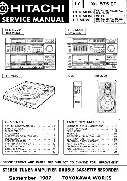 HITACHI HRD-MD38 HRD-MD53 HT-MD28 STEREO TUNER AMPLIFIER DOUBLE CASSETTE RECORDER SERVICE MANUAL INC BLK DIAG PCBS SCHEM DIAGS AND PARTS LIST 45 PAGES ENG DEUT FRANC