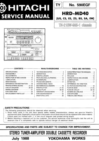 HITACHI HRD-MD40 STEREO TUNER AMPLIFIER DOUBLE CASSETTE RECORDER SERVICE MANUAL INC PCBS SCHEM DIAGS AND PARTS LIST 42 PAGES ENG DEUT FRANC