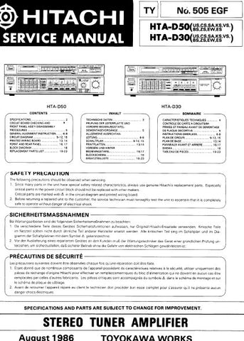 HITACHI HTA-D30 HTA-D50 STEREO TUNER AMPLIFIER SERVICE MANUAL INC BLK DIAG PCBS SCHEM DIAGS AND PARTS LIST 30 PAGES ENG DEUT FRANC