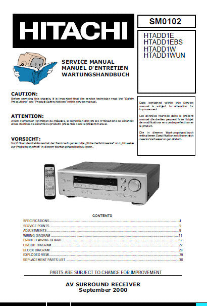 HITACHI HTA-DD1E HTA-DD1EBS HTA-DD1W HTA-DD1WUN AV SURROUND RECEIVER SERVICE MANUAL INC BLK DIAG PCBS  SCHEM DIAGS AND PARTS LIST 46 PAGES ENG