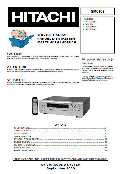 HITACHI HTADD3E HTADD3EBS HTADD3W HTADD3WUN HTADD3WAU AV SURROUND SYSTEM SERVICE MANUAL INC BLK DIAG PCBS  AND SCHEM DIAGS 34 PAGES ENG