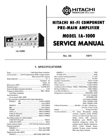 HITACHI IA-1000 SOLID STATE PRE MAIN AMPLIFIER SERVICE MANUAL INC PCBS SCHEM DIAG AND PARTS LIST 19 PAGES ENG