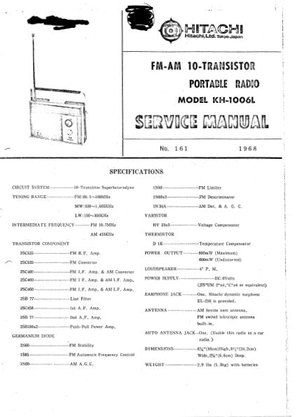 HITACHI KH-1006L FM AM 10 TRANSISTER PORTABLE RADIO SERVICE MANUAL INC PCBS SCHEM DIAG AND PARTS LIST 8 PAGES ENG