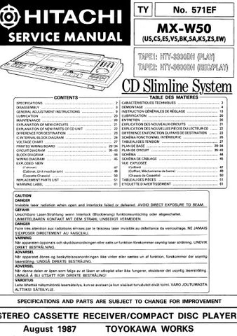 HITACHI MX-W50 STEREO CASSETTE RECEIVER CD PLAYER SERVICE MANUAL INC BLK DIAG PCBS SCHEM DIAGS AND PARTS LIST 89 PAGES ENG FRANC