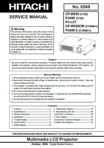 HITACHI P1400 P1400-2 CP-RS55 CP-RS55CW PJ-LC7 MULTIMEDIA LCD PROJECTOR SERVICE MANUAL INC BLK DIAG AND SCHEM DIAGS 89 PAGES ENG