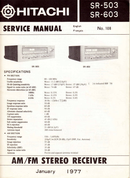 HITACHI SR-503 SR-603 AM FM STEREO RECEIVER SERVICE MANUAL INC PCBS SCHEM DIAGS AND PARTS LIST 28 PAGES ENG FRANC