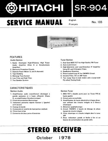 HITACHI SR-904 STEREO RECEIVER SERVICE MANUAL INC BLK DIAG PCBS SCHEM DIAGS AND PARTS LIST 29 PAGES ENG FRANC