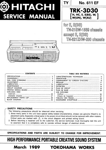 HITACHI TRK-3D30 HIGH PERFORMANCE PORTABLE CREATIVE SOUND SYSTEM SERVICE MANUAL INC PCBS SCHEM DIAGS AND PARTS LIST 36 PAGES ENG FRANC