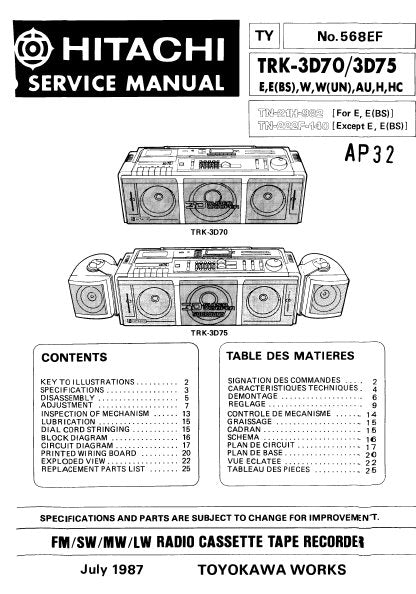 HITACHI TRK-3D70 TRK-3D75 FM SW MW LW RADIO CASSETTE TAPE RECORDER SERVICE MANUAL INC BLK DIAG PCBS SCHEM DIAGS AND PARTS LIST 28 PAGES ENG FRANC